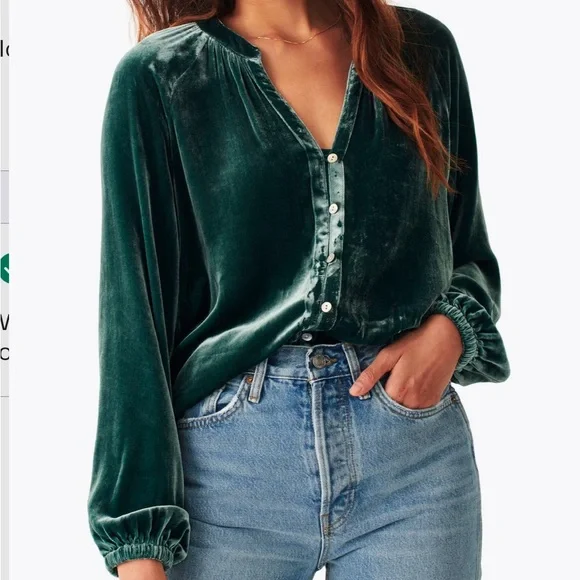 Faherty Green Silk Blend Velvet Top NWOT - Picture 4 of 5